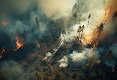 Forest wildfire with flames and thick smoke.