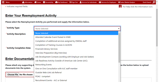 Enter a Reemployment Activity